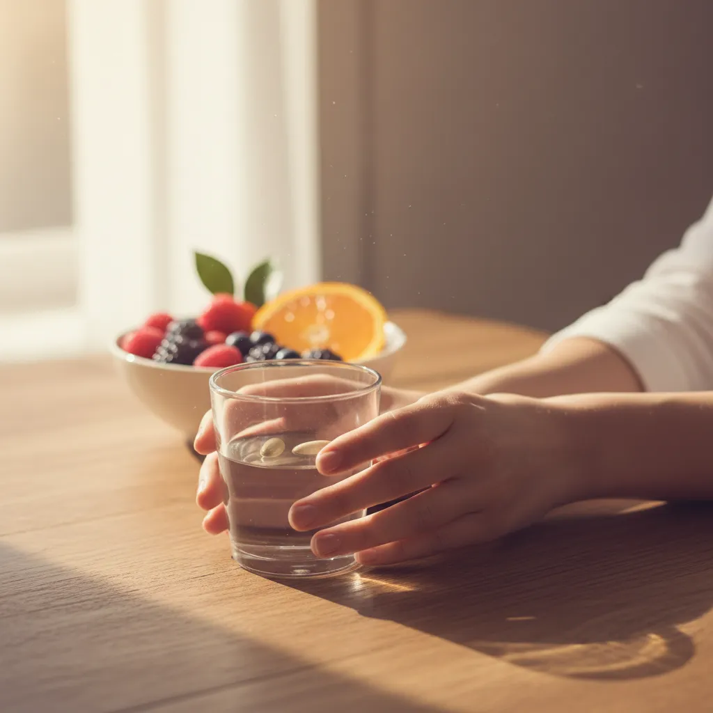 Handen houden een glas water en Ozalyn capsules vast op een ontbijttafel, ochtendlicht